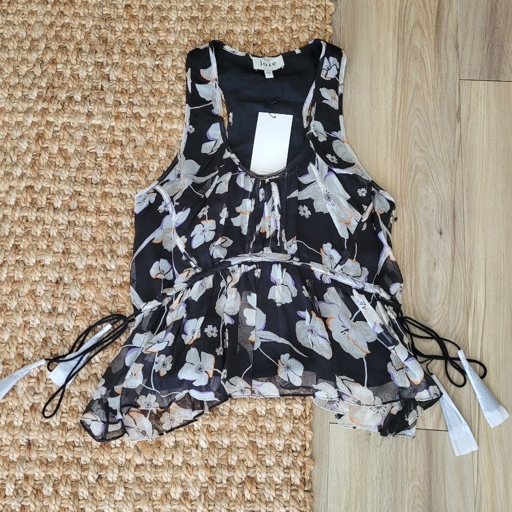 Joie Flo Floral 100% Silk Cami Blouse Tassel Cinched Racerback Top S NWT Fairy